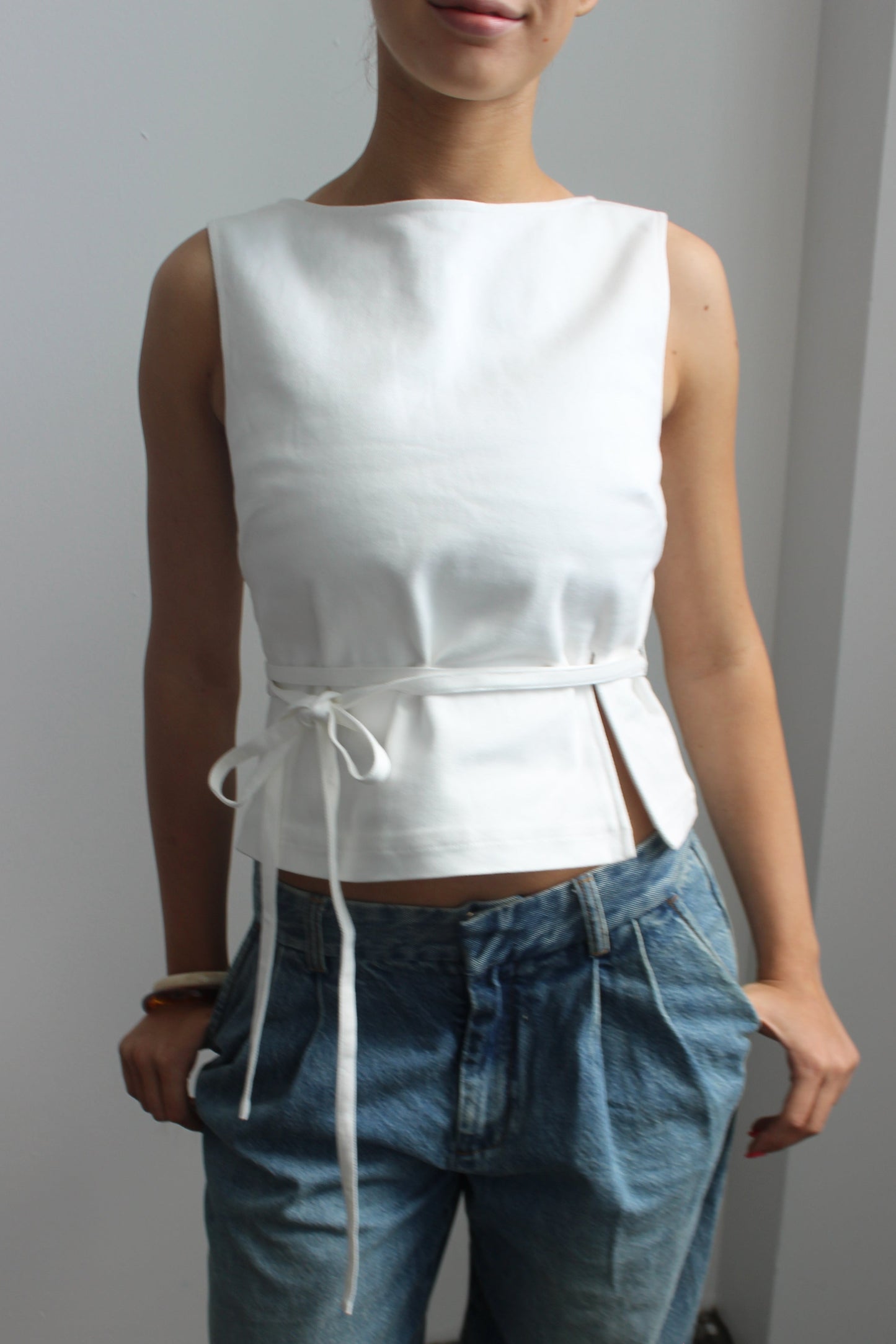 Waist Tie Top White