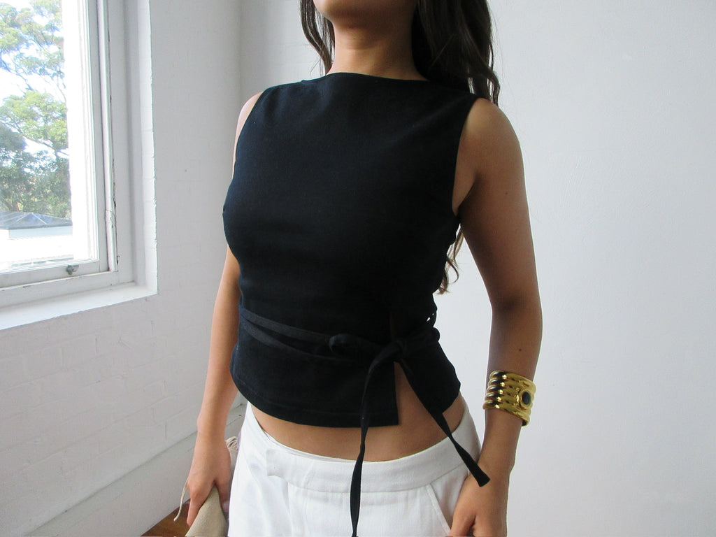 Waist Tie Top Black