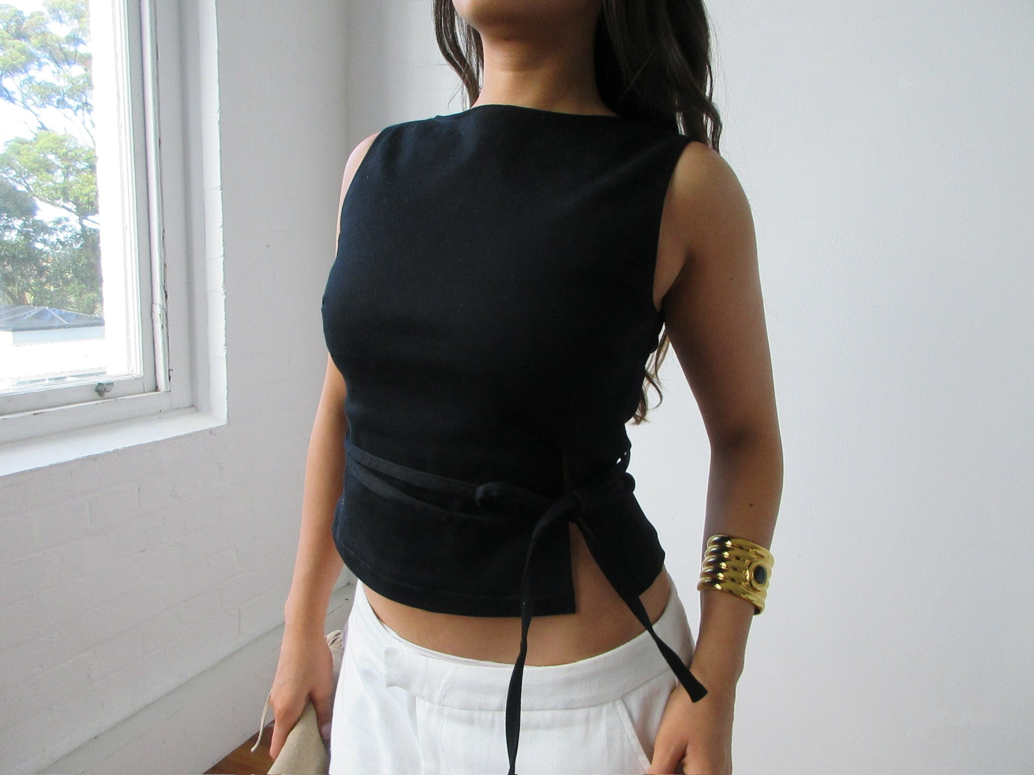 Waist Tie Top Black