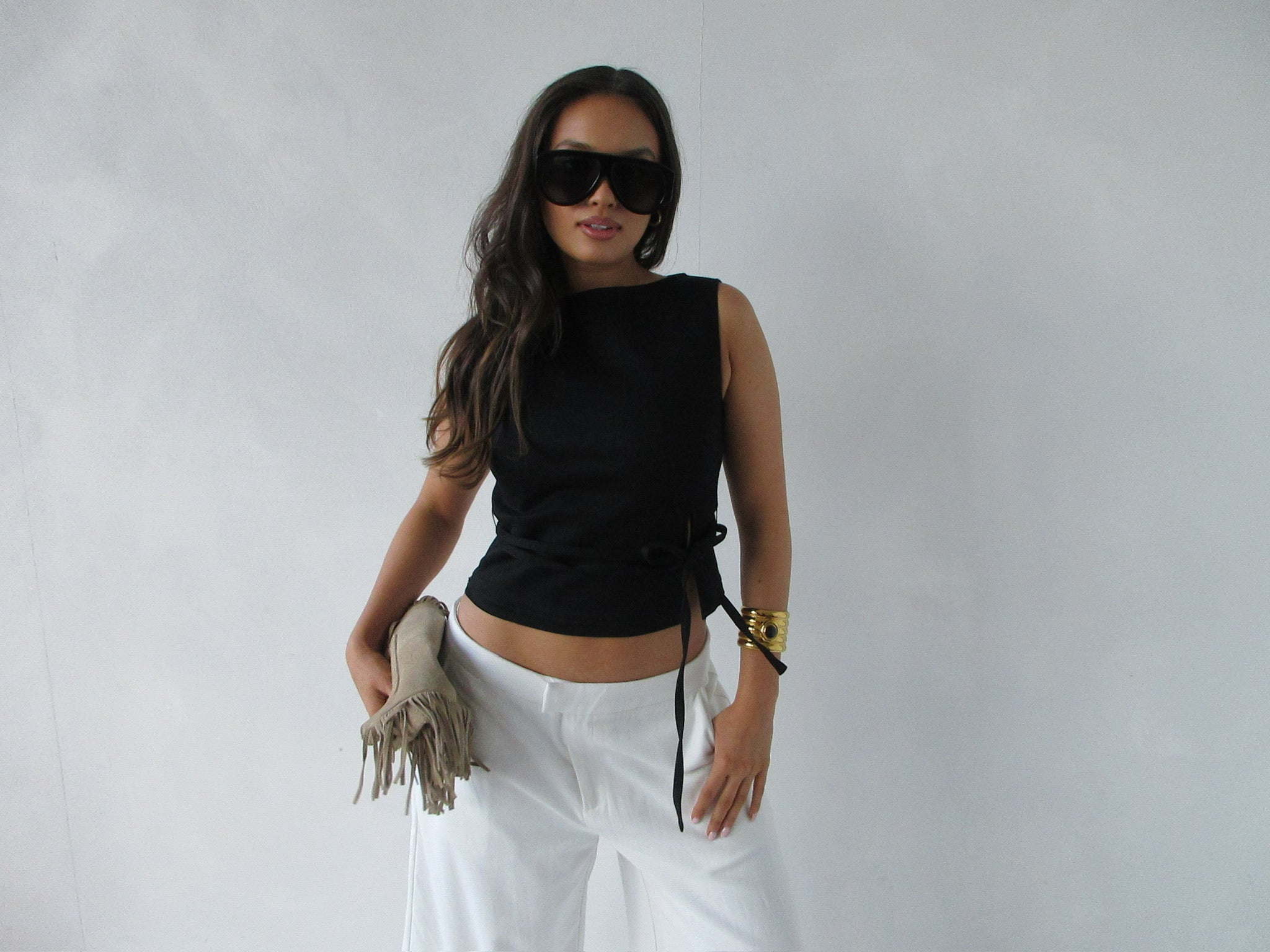 Waist Tie Top Black